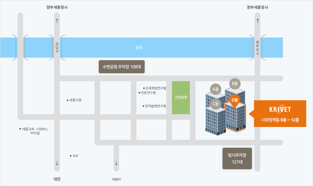 1)수변공원 주차장 이용시 근린공원 방향으로 직진 2)임시주차장 이용시 바로 길 건너편 위치한 세종국책연구단지 D동(사회정책동) 한국직업능력연구원 8층~12층
